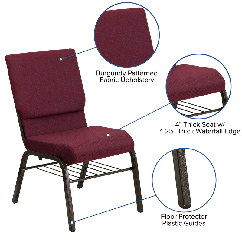 SINGLEWAVE Series 18.5''W Church Chair in Burgundy Patterned Fabric with Book Rack - Gold Vein Frame