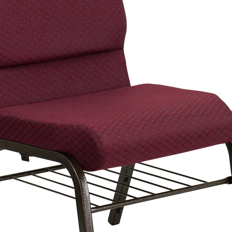 SINGLEWAVE Series 18.5''W Church Chair in Burgundy Patterned Fabric with Book Rack - Gold Vein Frame