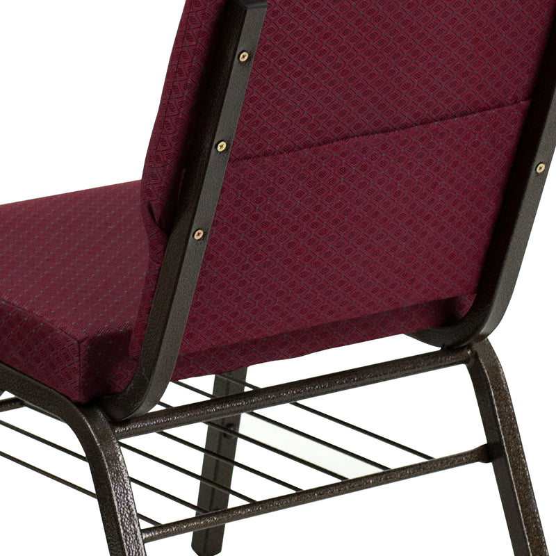 SINGLEWAVE Series 18.5''W Church Chair in Burgundy Patterned Fabric with Book Rack - Gold Vein Frame