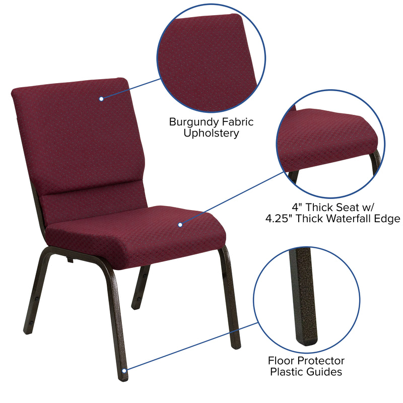 SINGLEWAVE Series 18.5''W Stacking Church Chair in Burgundy Patterned Fabric - Gold Vein Frame