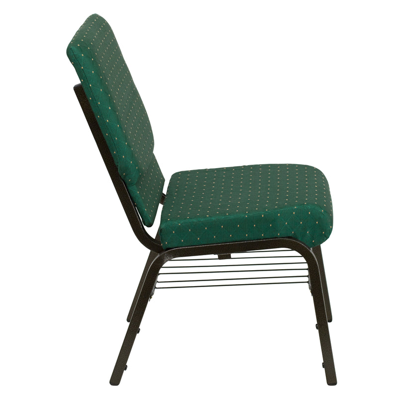 SINGLEWAVE Series 18.5''W Church Chair in Green Patterned Fabric with Book Rack - Gold Vein Frame