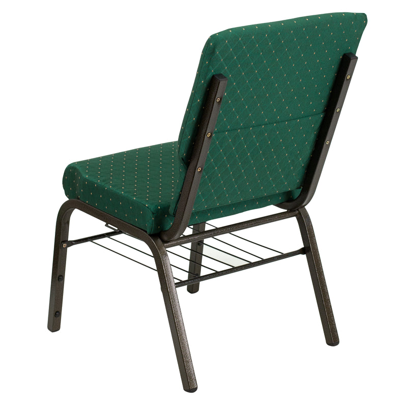 SINGLEWAVE Series 18.5''W Church Chair in Green Patterned Fabric with Book Rack - Gold Vein Frame