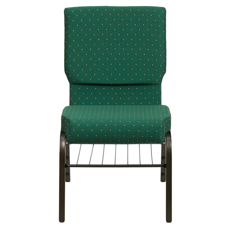 SINGLEWAVE Series 18.5''W Church Chair in Green Patterned Fabric with Book Rack - Gold Vein Frame