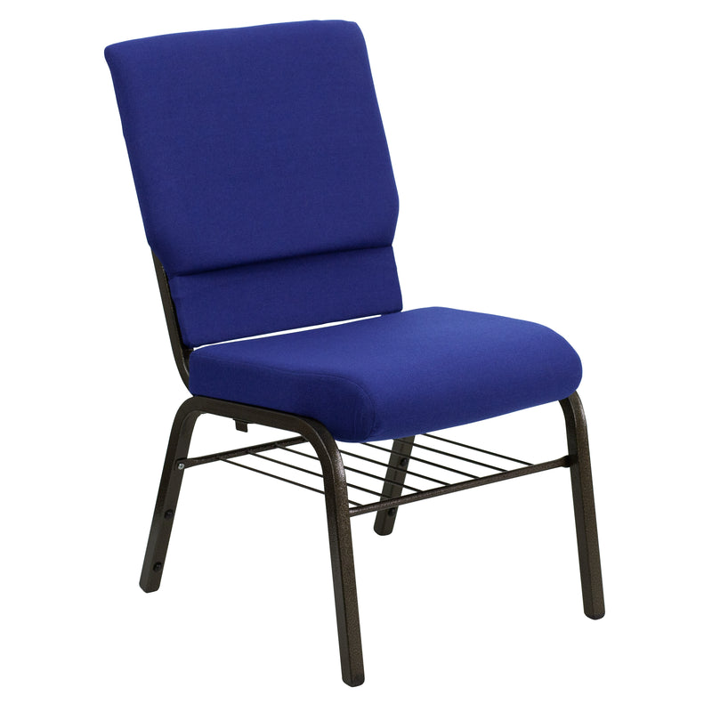 SINGLEWAVE Series 18.5''W Church Chair in Navy Blue Fabric with Book Rack - Gold Vein Frame