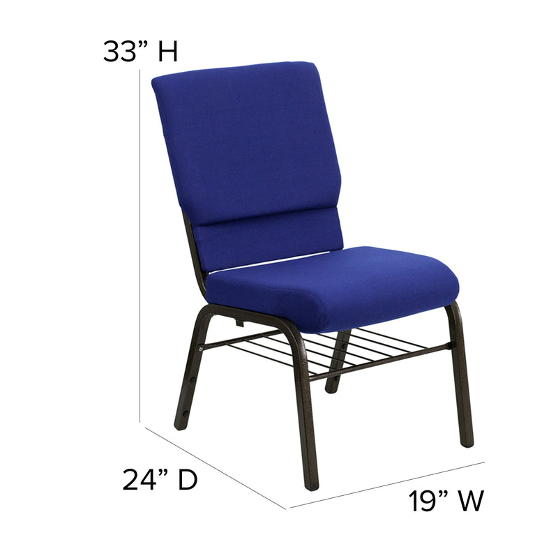 SINGLEWAVE Series 18.5''W Church Chair in Navy Blue Fabric with Book Rack - Gold Vein Frame