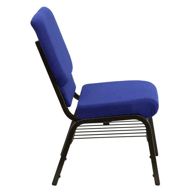 SINGLEWAVE Series 18.5''W Church Chair in Navy Blue Fabric with Book Rack - Gold Vein Frame