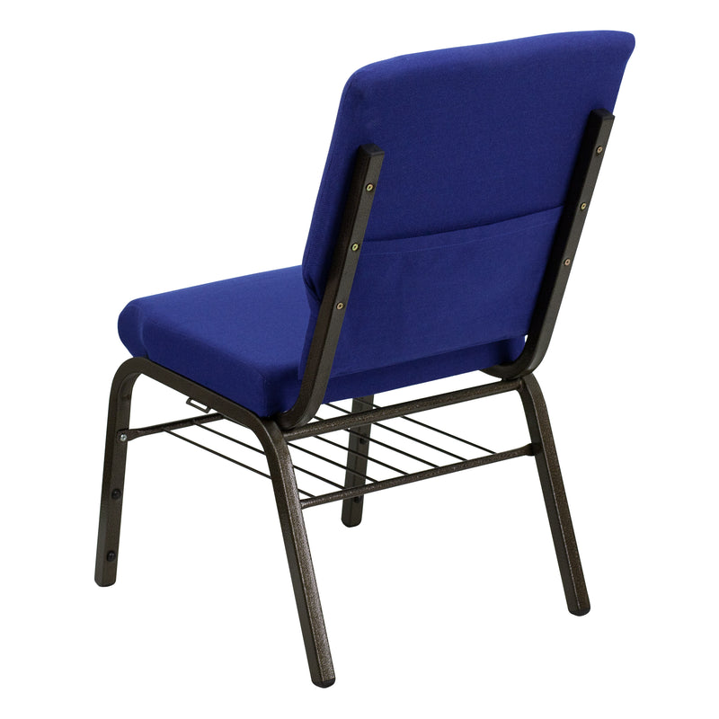 SINGLEWAVE Series 18.5''W Church Chair in Navy Blue Fabric with Book Rack - Gold Vein Frame