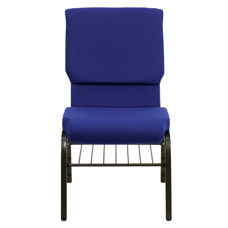 SINGLEWAVE Series 18.5''W Church Chair in Navy Blue Fabric with Book Rack - Gold Vein Frame