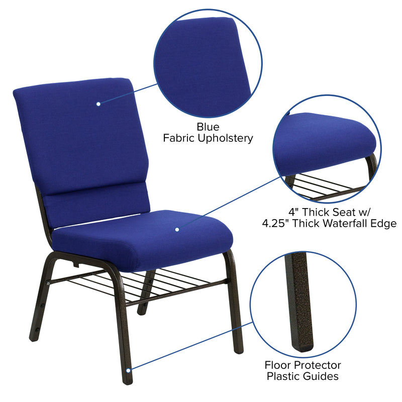 SINGLEWAVE Series 18.5''W Church Chair in Navy Blue Fabric with Book Rack - Gold Vein Frame