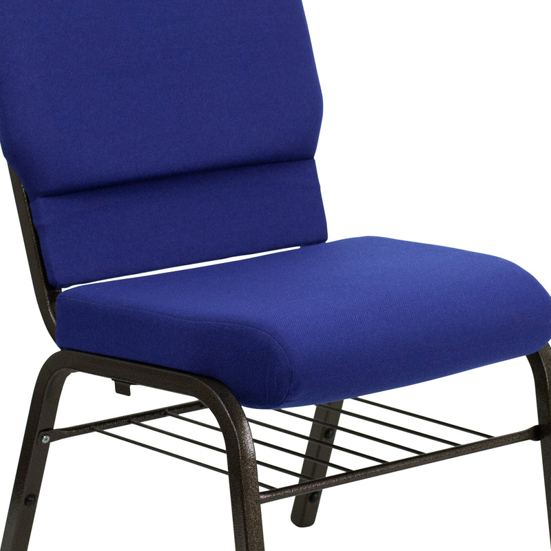 SINGLEWAVE Series 18.5''W Church Chair in Navy Blue Fabric with Book Rack - Gold Vein Frame