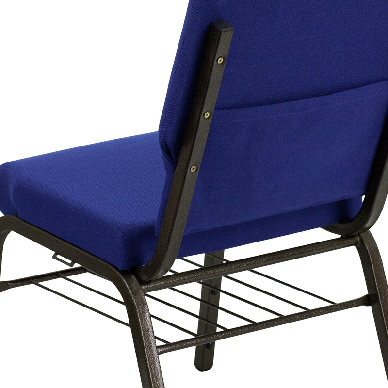 SINGLEWAVE Series 18.5''W Church Chair in Navy Blue Fabric with Book Rack - Gold Vein Frame