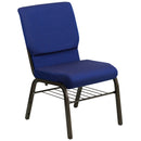SINGLEWAVE Series 18.5''W Church Chair in Navy Blue Patterned Fabric with Book Rack - Gold Vein Frame