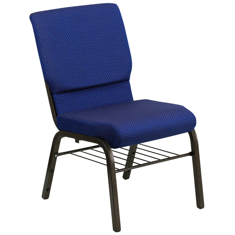 SINGLEWAVE Series 18.5''W Church Chair in Navy Blue Patterned Fabric with Book Rack - Gold Vein Frame