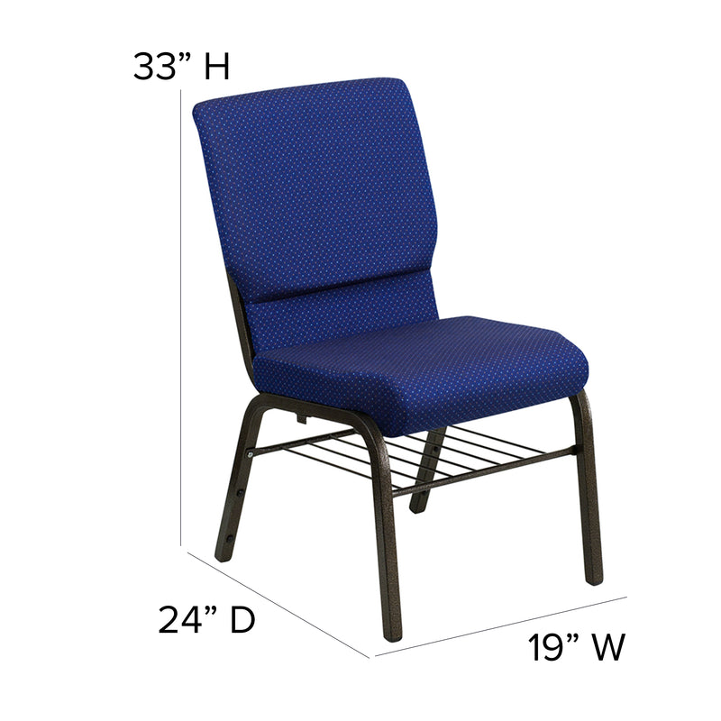 SINGLEWAVE Series 18.5''W Church Chair in Navy Blue Patterned Fabric with Book Rack - Gold Vein Frame