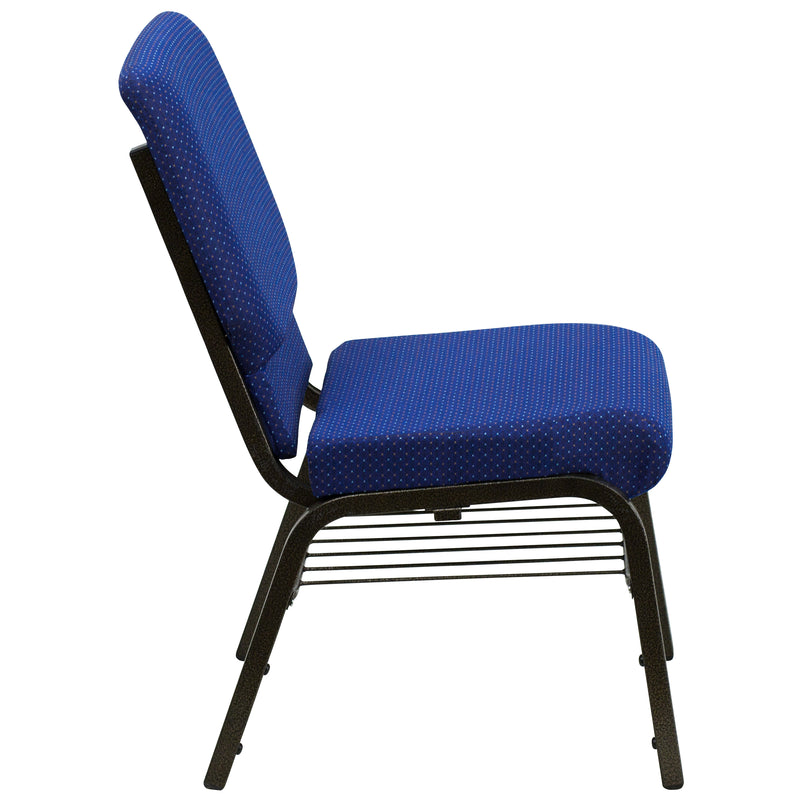 SINGLEWAVE Series 18.5''W Church Chair in Navy Blue Patterned Fabric with Book Rack - Gold Vein Frame