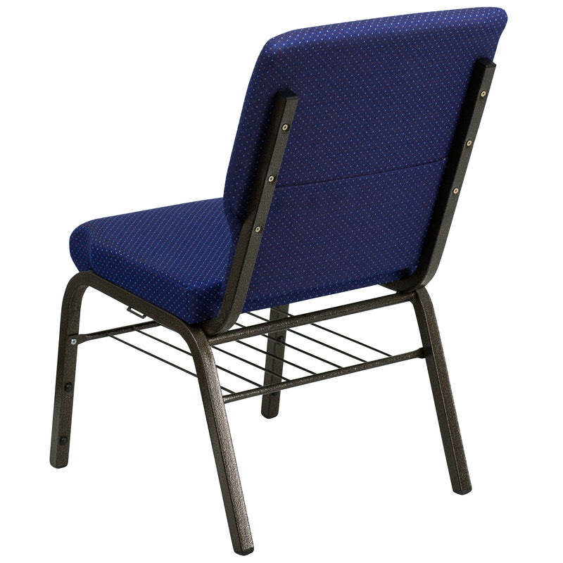 SINGLEWAVE Series 18.5''W Church Chair in Navy Blue Patterned Fabric with Book Rack - Gold Vein Frame