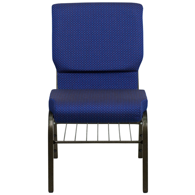 SINGLEWAVE Series 18.5''W Church Chair in Navy Blue Patterned Fabric with Book Rack - Gold Vein Frame