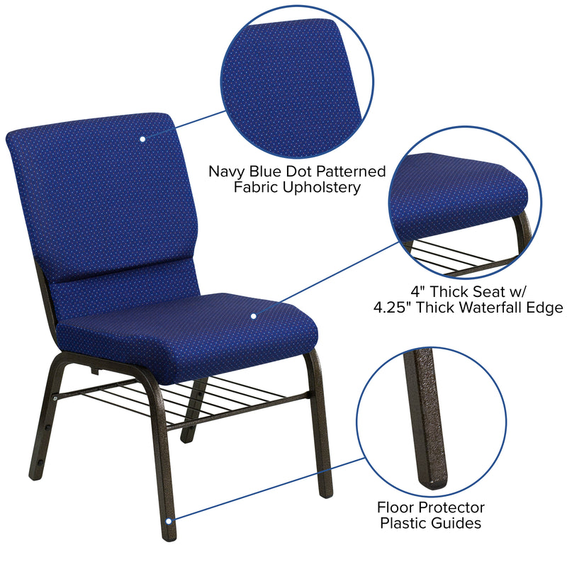 SINGLEWAVE Series 18.5''W Church Chair in Navy Blue Patterned Fabric with Book Rack - Gold Vein Frame