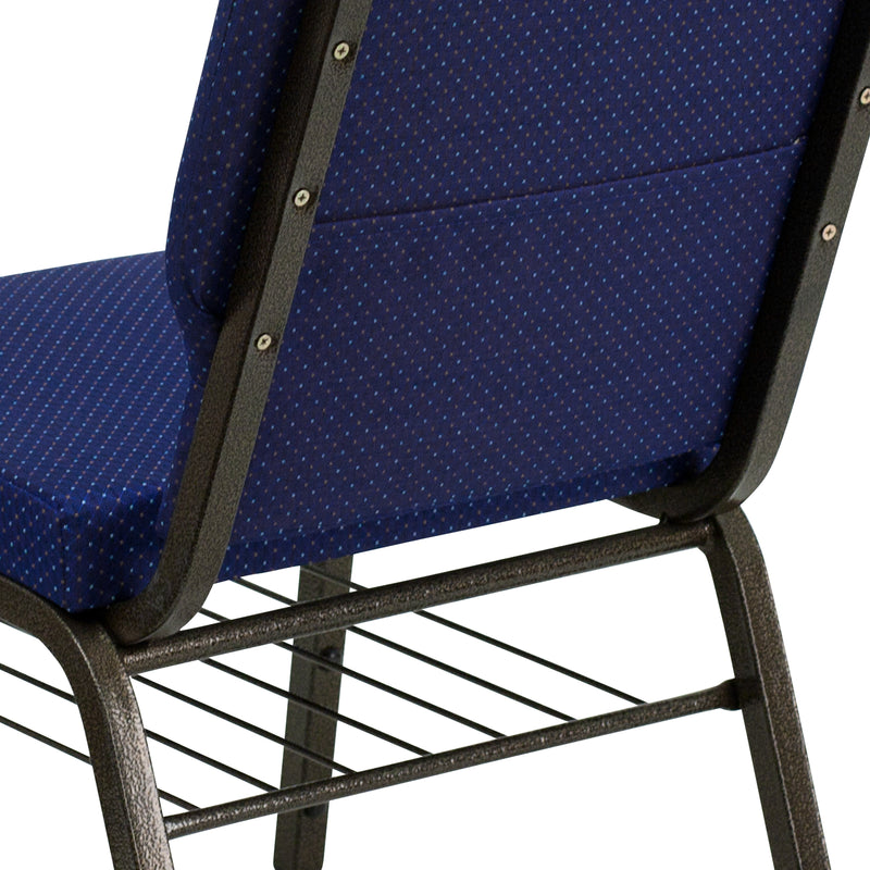 SINGLEWAVE Series 18.5''W Church Chair in Navy Blue Patterned Fabric with Book Rack - Gold Vein Frame