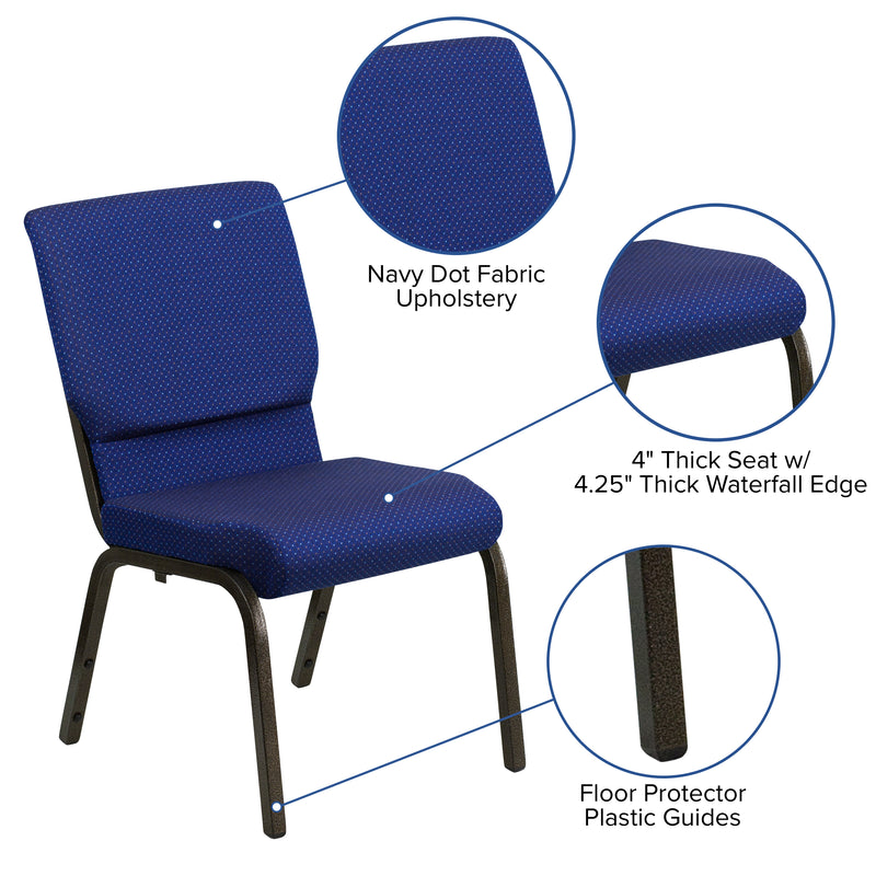 SINGLEWAVE Series 18.5''W Stacking Church Chair in Navy Blue Patterned Fabric - Gold Vein Frame