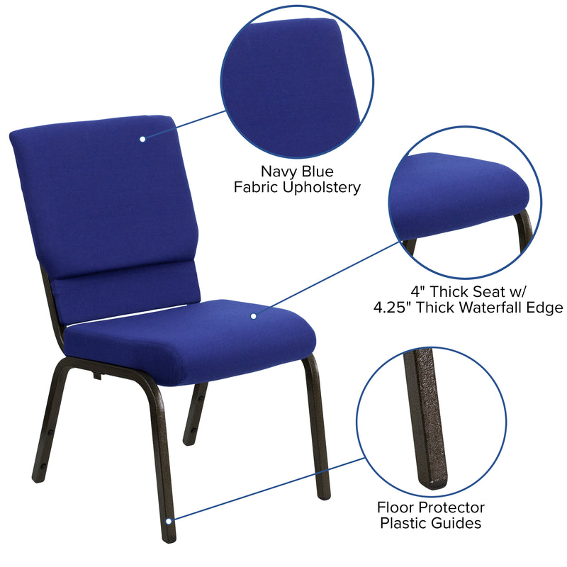 SINGLEWAVE Series 18.5''W Stacking Church Chair in Navy Blue Fabric - Gold Vein Frame