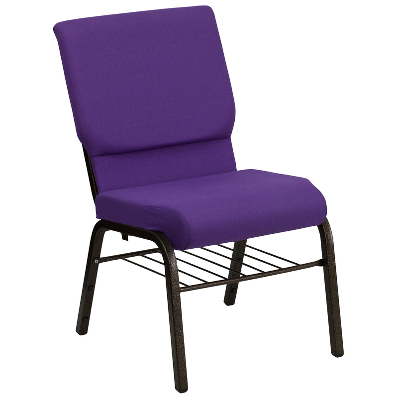 SINGLEWAVE Series 18.5''W Church Chair in Purple Fabric with Book Rack - Gold Vein Frame