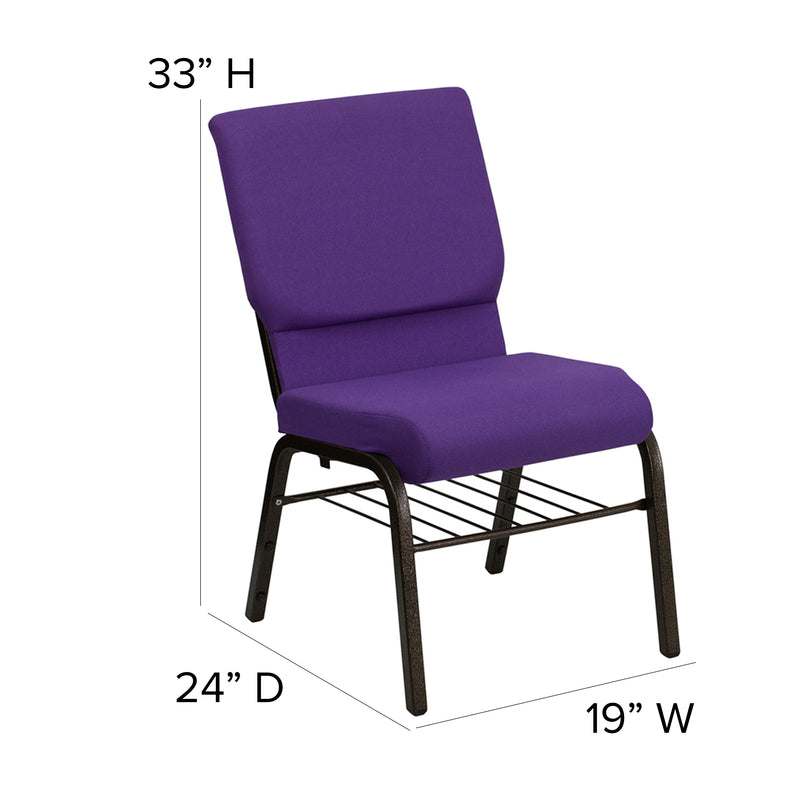 SINGLEWAVE Series 18.5''W Church Chair in Purple Fabric with Book Rack - Gold Vein Frame