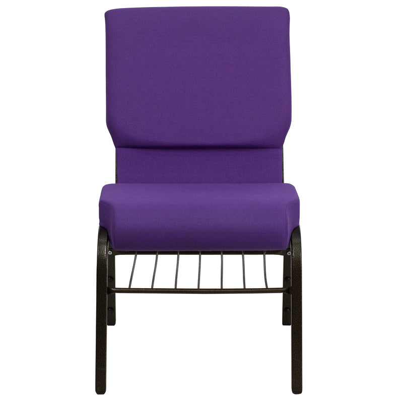 SINGLEWAVE Series 18.5''W Church Chair in Purple Fabric with Book Rack - Gold Vein Frame