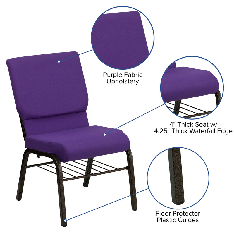 SINGLEWAVE Series 18.5''W Church Chair in Purple Fabric with Book Rack - Gold Vein Frame