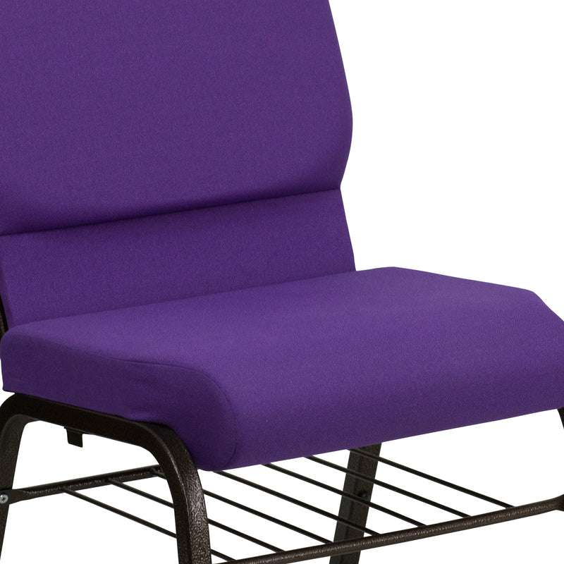 SINGLEWAVE Series 18.5''W Church Chair in Purple Fabric with Book Rack - Gold Vein Frame