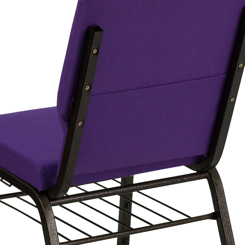 SINGLEWAVE Series 18.5''W Church Chair in Purple Fabric with Book Rack - Gold Vein Frame