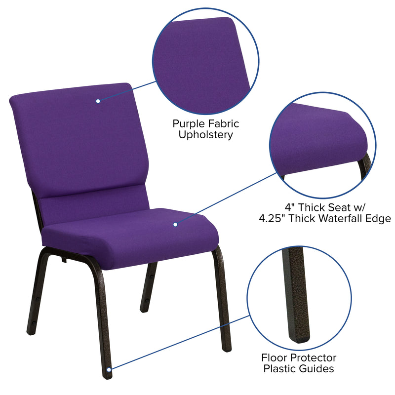 SINGLEWAVE Series 18.5''W Stacking Church Chair in Purple Fabric - Gold Vein Frame