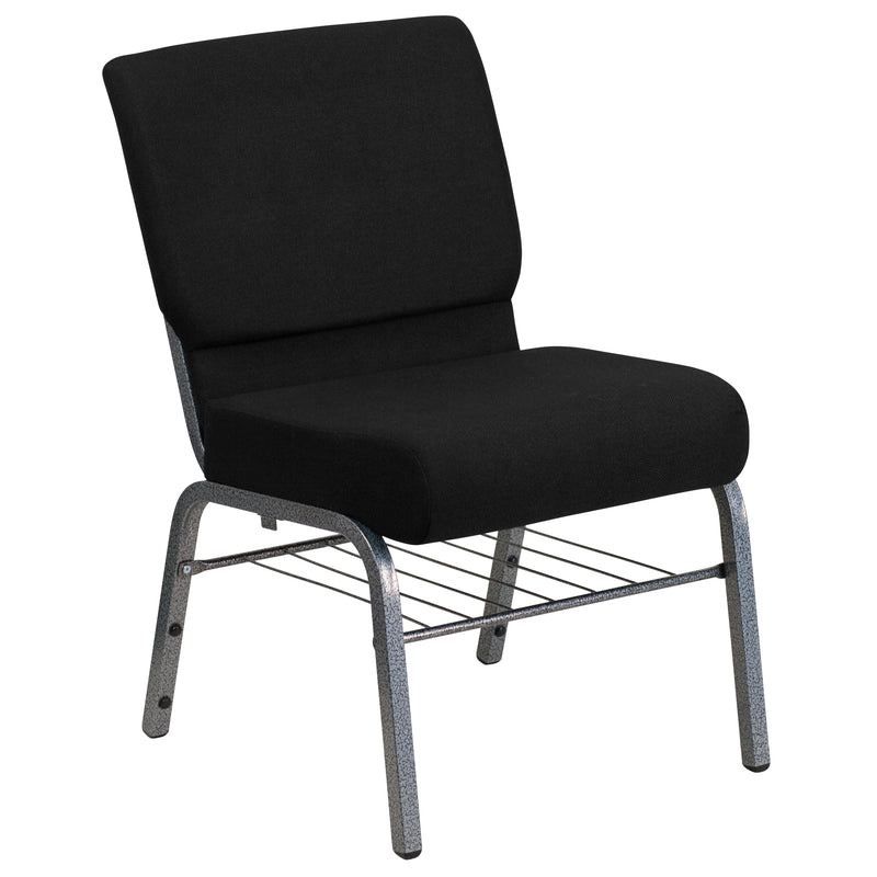 SINGLEWAVE Series 21''W Church Chair in Black Fabric with Book Rack - Silver Vein Frame