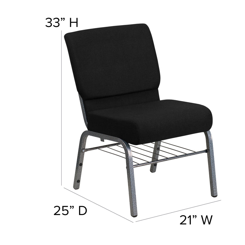 SINGLEWAVE Series 21''W Church Chair in Black Fabric with Book Rack - Silver Vein Frame