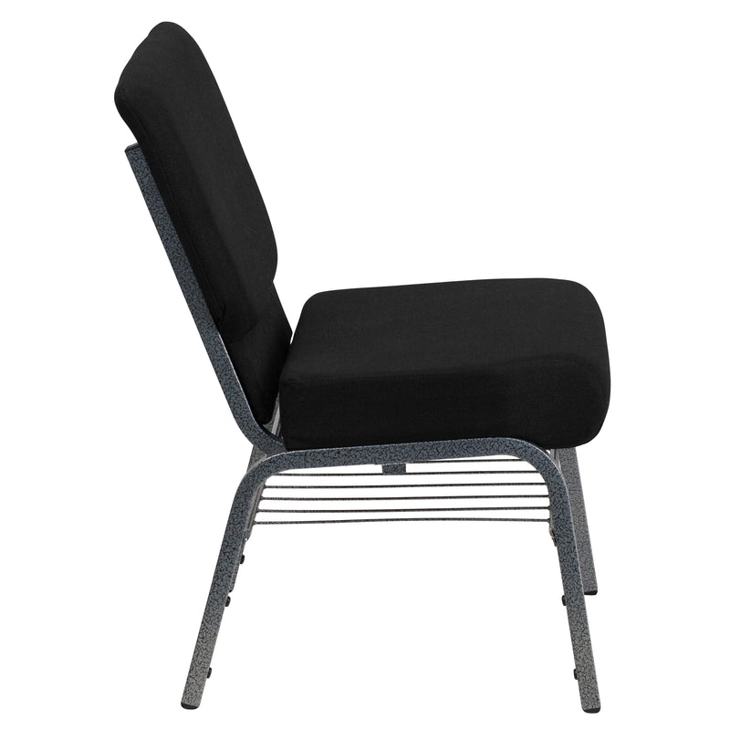 SINGLEWAVE Series 21''W Church Chair in Black Fabric with Book Rack - Silver Vein Frame