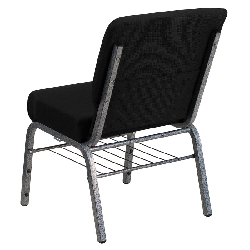 SINGLEWAVE Series 21''W Church Chair in Black Fabric with Book Rack - Silver Vein Frame