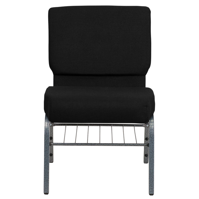 SINGLEWAVE Series 21''W Church Chair in Black Fabric with Book Rack - Silver Vein Frame