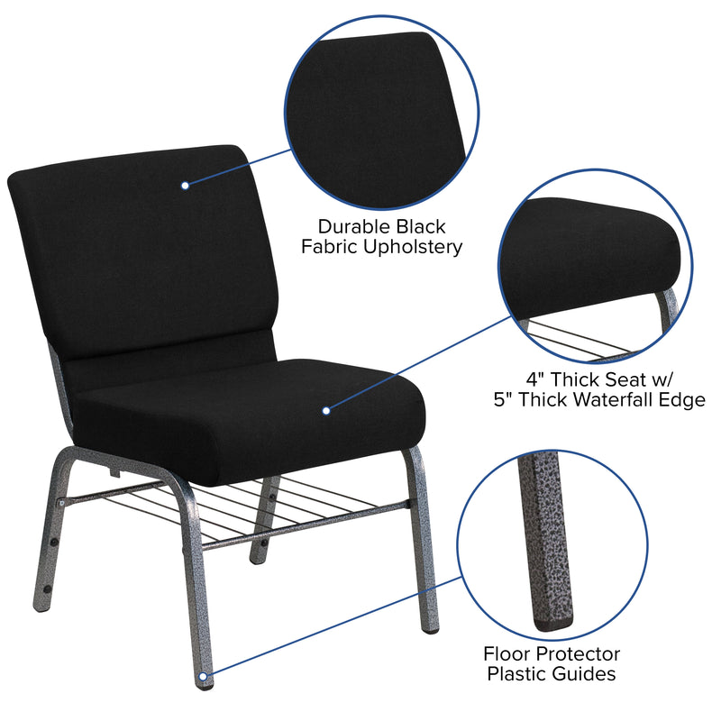 SINGLEWAVE Series 21''W Church Chair in Black Fabric with Book Rack - Silver Vein Frame