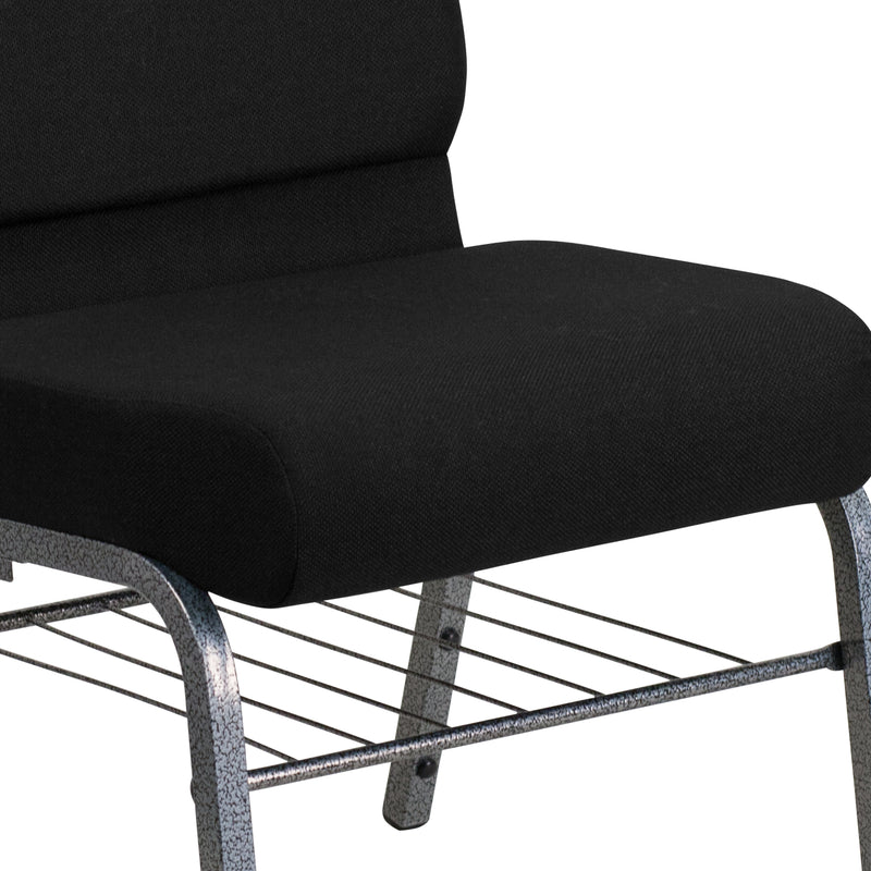 SINGLEWAVE Series 21''W Church Chair in Black Fabric with Book Rack - Silver Vein Frame