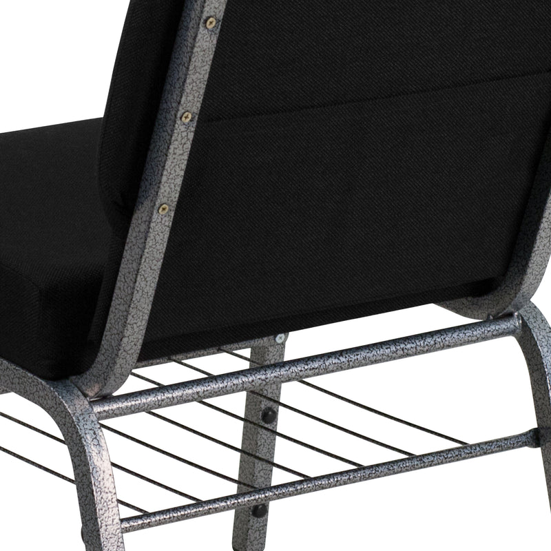 SINGLEWAVE Series 21''W Church Chair in Black Fabric with Book Rack - Silver Vein Frame