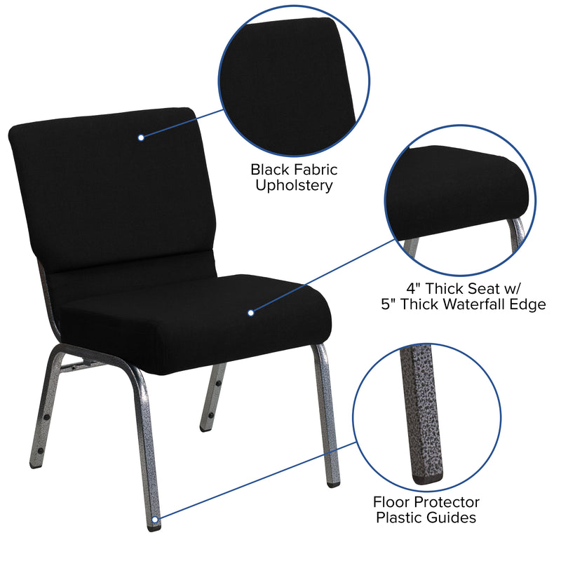 SINGLEWAVE Series 21''W Stacking Church Chair in Black Fabric - Silver Vein Frame