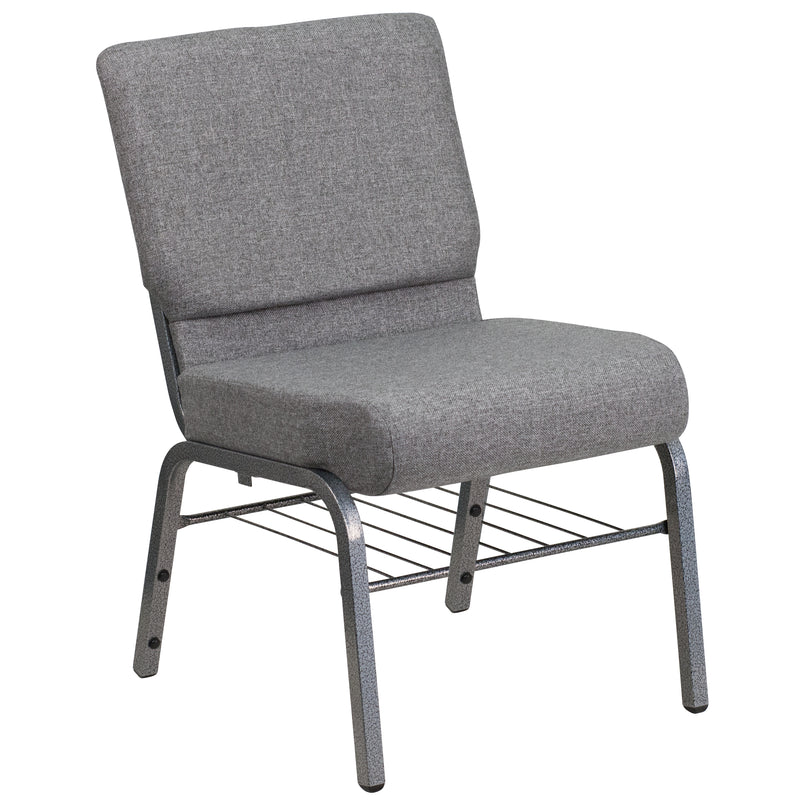 SINGLEWAVE Series 21''W Church Chair in Gray Fabric with Book Rack - Silver Vein Frame