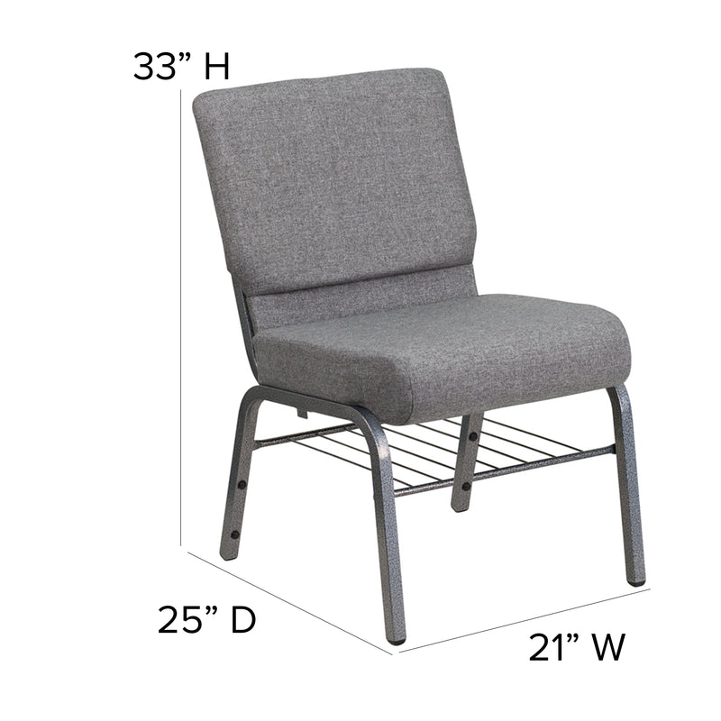 SINGLEWAVE Series 21''W Church Chair in Gray Fabric with Book Rack - Silver Vein Frame