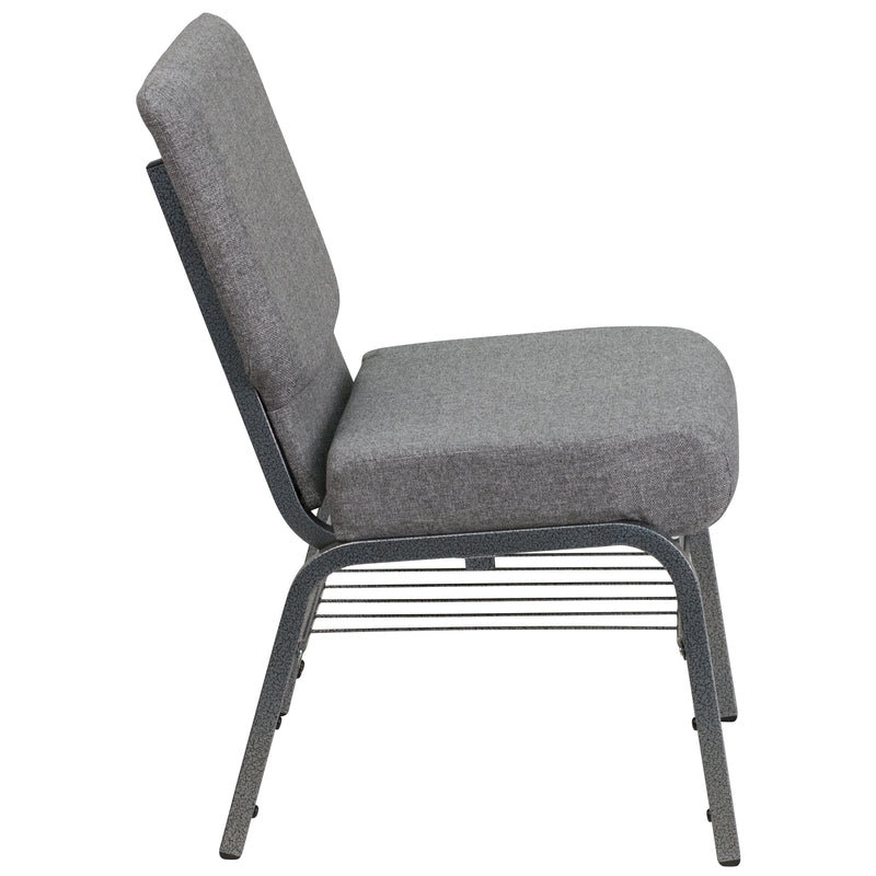 SINGLEWAVE Series 21''W Church Chair in Gray Fabric with Book Rack - Silver Vein Frame