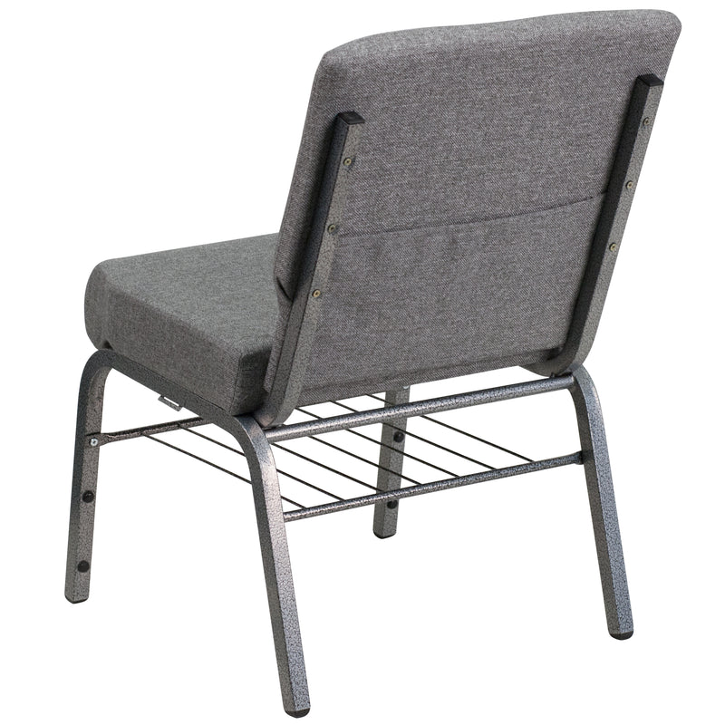 SINGLEWAVE Series 21''W Church Chair in Gray Fabric with Book Rack - Silver Vein Frame