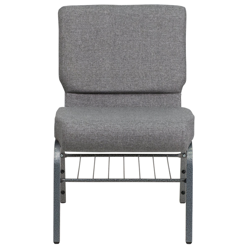 SINGLEWAVE Series 21''W Church Chair in Gray Fabric with Book Rack - Silver Vein Frame