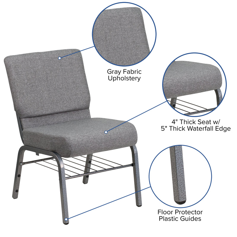 SINGLEWAVE Series 21''W Church Chair in Gray Fabric with Book Rack - Silver Vein Frame