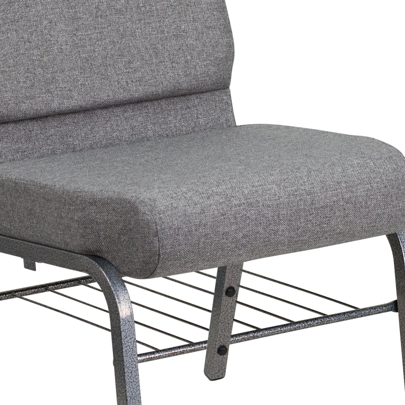 SINGLEWAVE Series 21''W Church Chair in Gray Fabric with Book Rack - Silver Vein Frame