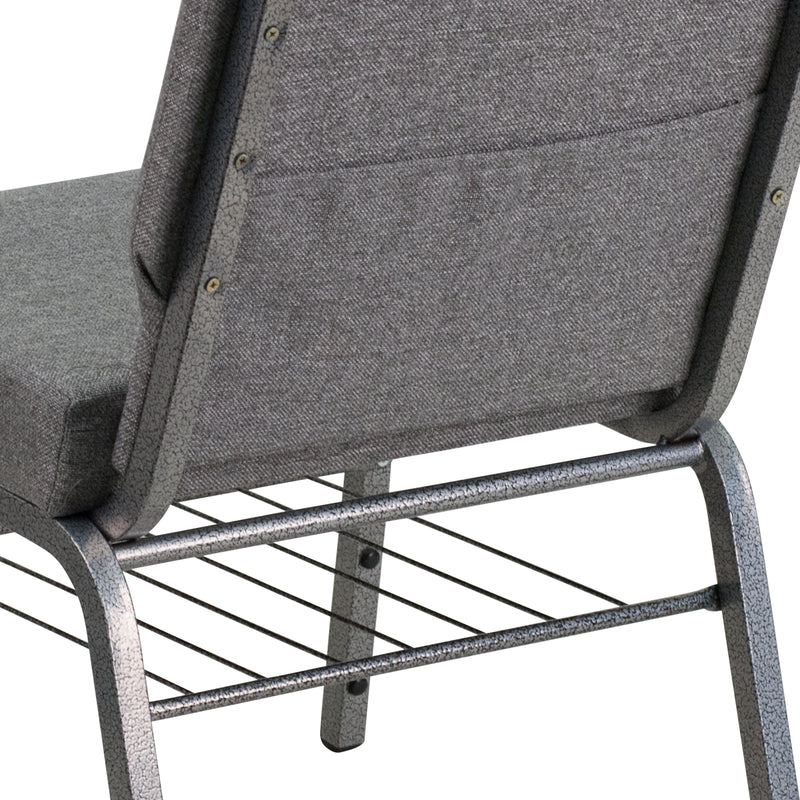 SINGLEWAVE Series 21''W Church Chair in Gray Fabric with Book Rack - Silver Vein Frame