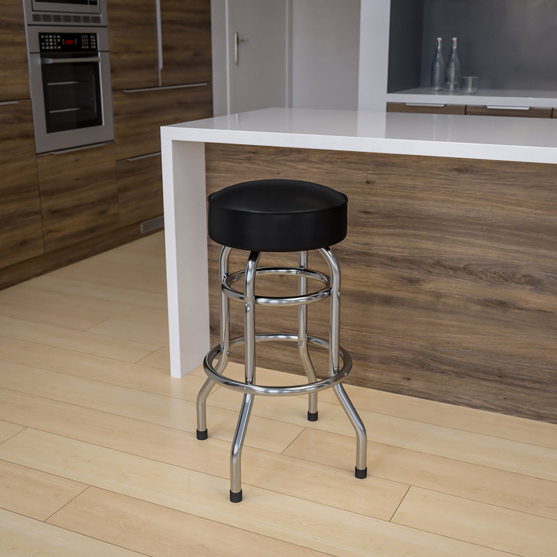 Double Ring Chrome Barstool with Black Seat